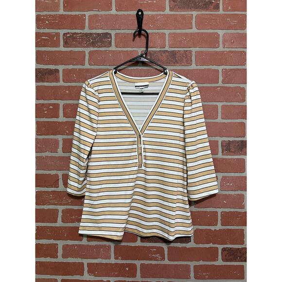 Jules & Leopold White and Gold Striped V-Neck Top - L - Picture 1 of 5